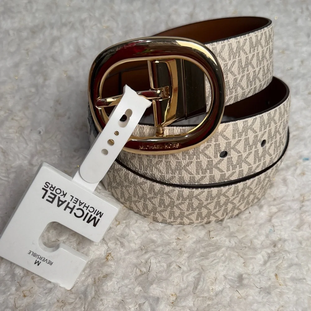 Michael Kors‎ Beige Monogram Reversible Belt with Gold Buckle size M